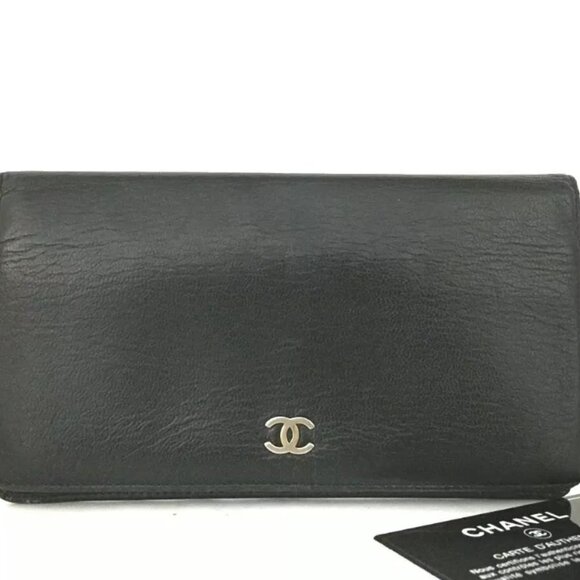 AUTHENTIC CHANEL CC BLACK LOGO LEATHER LONG BIFOLD WALLET - Picture 1 of 8